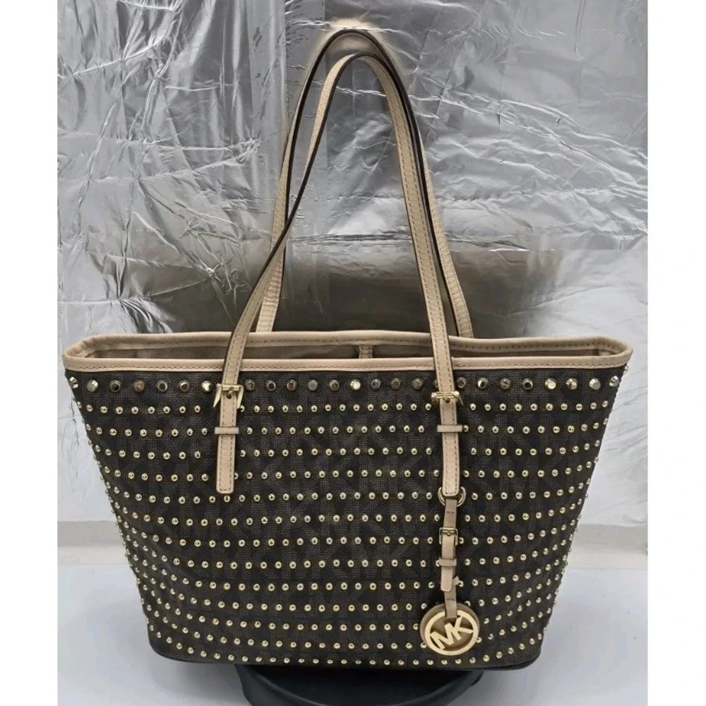 Michael Kors Selma Studded Tote Bag Brown Monogram Gold Studs Medium Handbag